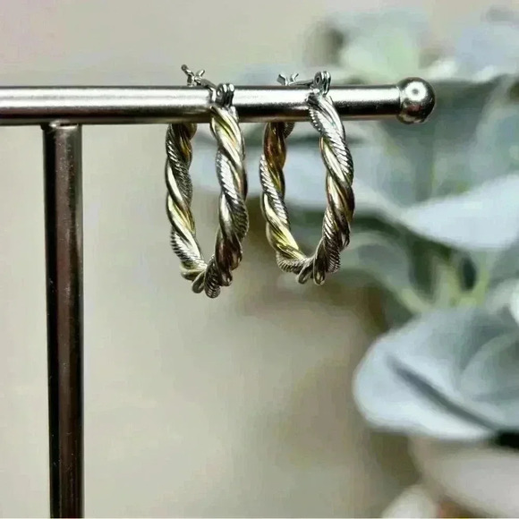 Vintage Silver and Gold Tone Twist Hoop Earrings - Picture 1 of 2
